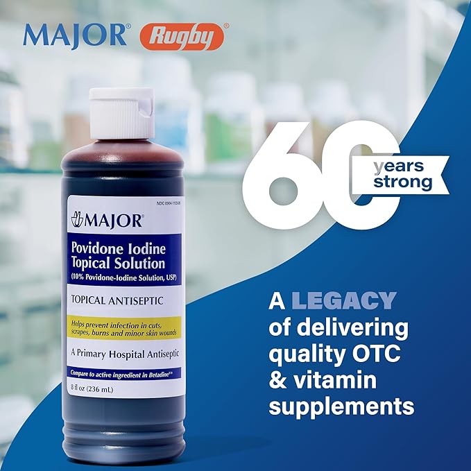 Major 10% Povidone-Iodine Liquid Topical Solution, USP - Topical Antiseptic for Cuts, Scrapes, Burns, and Minor Skin Wounds - 8 Fl. Oz. (1 Pack)