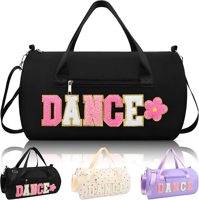 Dance Bag for Girls, KUIRAN 23L Waterproof Travel Duffel Bag with Colorful Chenille Letter, Lightweight Small Gym Sport Ballet Weekender Bag with Large Main Compartment - Black/White/Pink