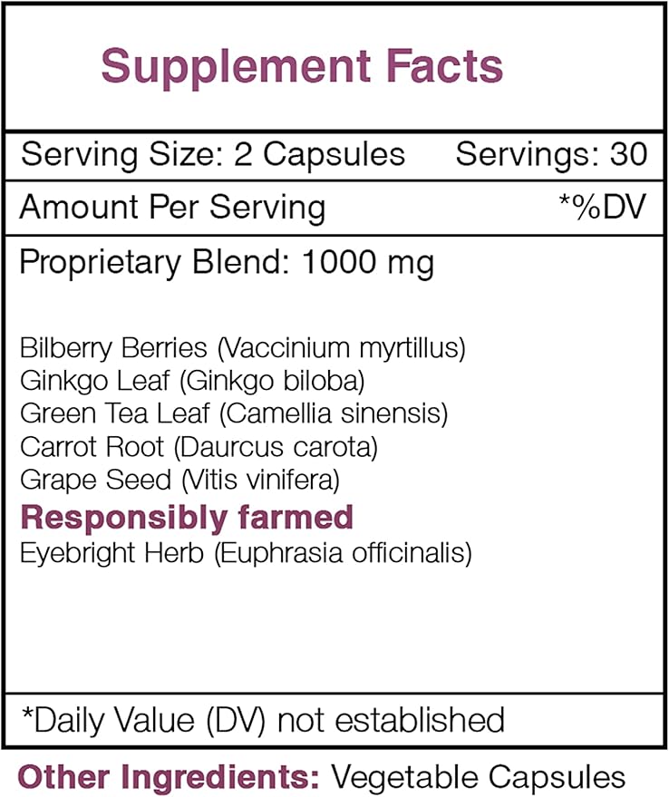 Secrets of the Tribe Falcon Eye 60 Capsules, 1000 mg, Bilberry, Eyebright, Ginkgo, Green Tea, Carrot, Grape. Healthy Vision Support (60 Capsules)