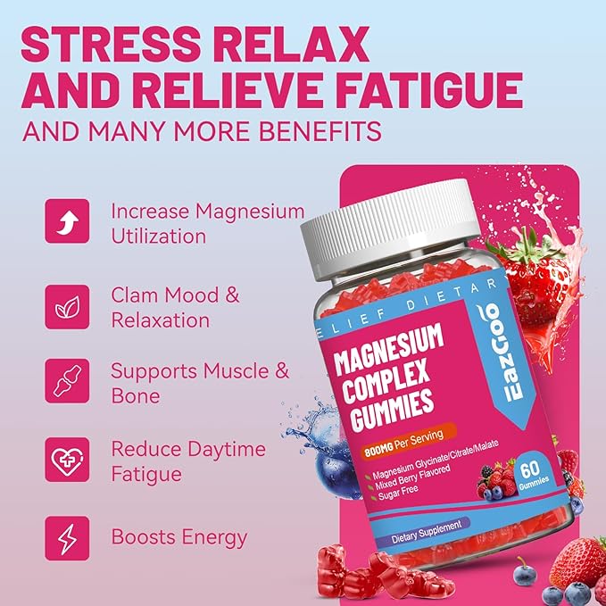 Magnesium Gummies 800mg - Vitamin D3, C, B6, B12 & Zinc Complex with Magnesium Glycinate, Citrate & Malate, Magnesium Complex Gummies for Muscle, Mood & Energy, Vegan 60 Counts