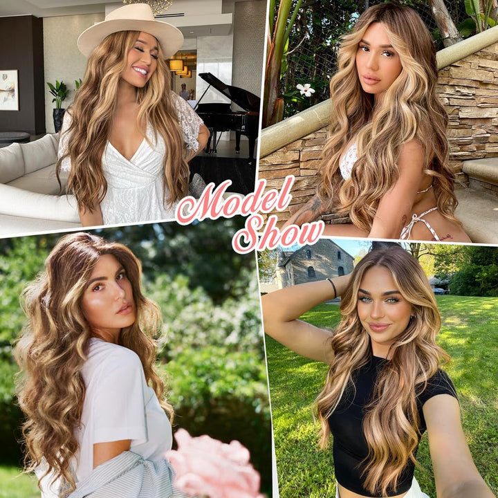 ALXNAN Clip in Long Wavy Hair Extension 20 Inch Chocolate Brown to Honey Blonde Hair Extensions 4PCS Thick Hairpieces Fiber Double Weft Hair for Women