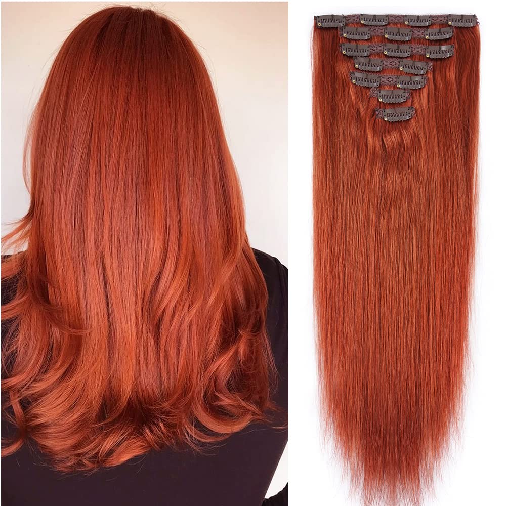 18'' Clip In Human Hair Extensions Full Head 150G 7 Pieces 16 Clips #350 Copper Red Double Weft Brazilian Real Remy Hair Extensi