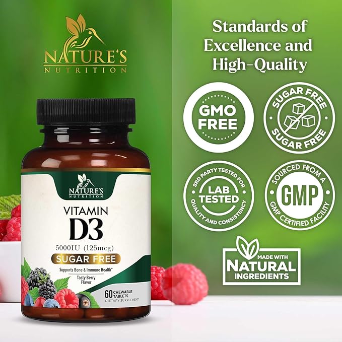 Vitamin D3 5000 IU (125 mcg) - Chewable Vitamin D Supplements for Bone, Teeth, Muscle & Immune Support, Sugar Free, Non-GMO, Gluten Free, Nature's Extra Strength D3 Vitamin - 60 Chewable Tablets