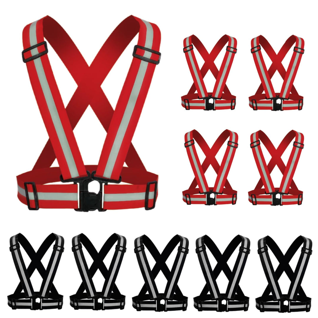 YUNLOVXEE Reflective Strap Safety Vest Gear - 2-10 Pack Adjustable High Visible Reflective Running Gear for Women Men Night (Blackx5+Redx5)