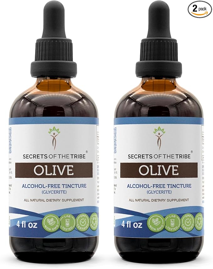 Secrets of the Tribe Olive Alcohol-Free Liquid Extract, Olive (Olea europaea) Dried Leaf Tincture Supplement (2x4 FL OZ)