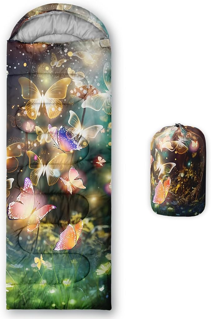 AILONEN Kids Floral Cat Camping Sleeping Bags,Lightweight & Waterproof,3 Season Warm & Cool Weather,Kawaii Kitten Sleeping Bags for Girls Adults,Travelling,Outdoors