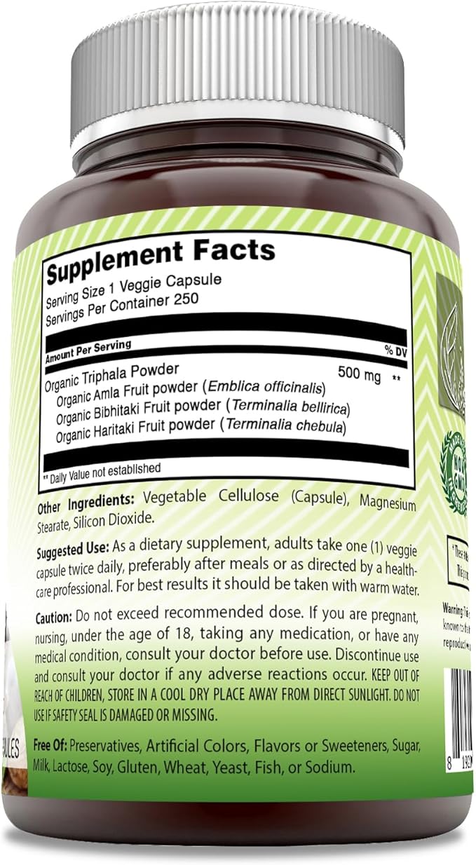 Amazing India Natural Triphala 500 mg Veggie Capsules Supplement | Non-GMO | Gluten Free | Ideal for Vegetarians (250 Count)