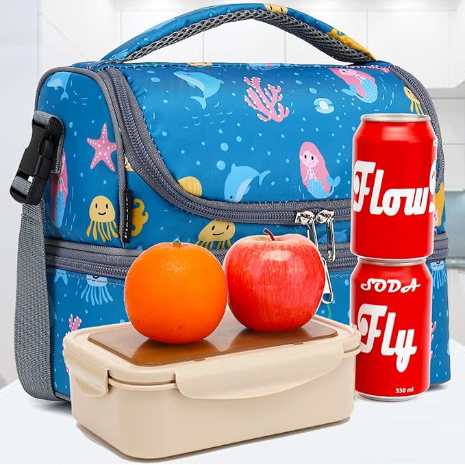 FlowFly Double Decker Cooler Insulated Lunch Bag Large Tote for Boys, Girls, Men, Women, With Adjustable Strap (Blue-Mermaid)