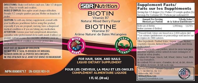 Biotin Liquid Drops (Mixed Berry) Max Absorption Biotin Liquid Drops, 5000mcg of Biotin Per Serving, 60 Serving, No Artificial Preservatives, Vegan Friendly, Supports Healthy Hair Growth, Strong Nail
