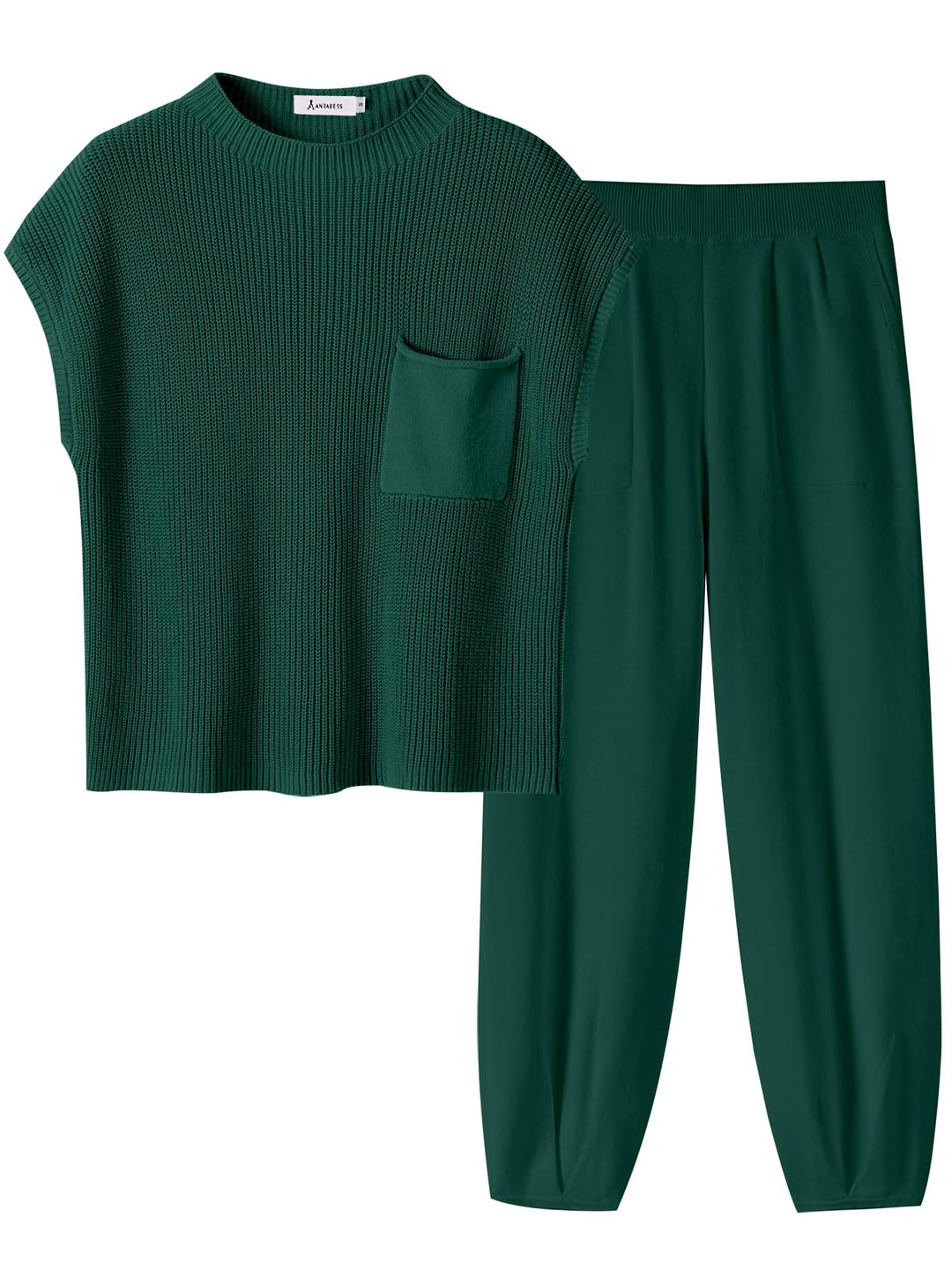 ANRABESS Women's Two Piece Outfits Knit Sweater Pullover Crop Top & Pants Lounge Matching Tracksuit Sweatsuit Sets 2024 Trendy Loungewear Clothes Dark Green X-Small
