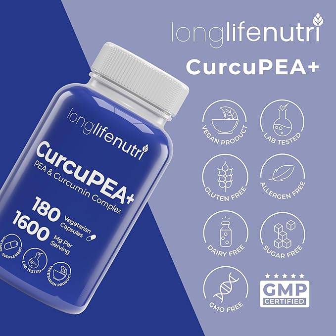 CurcuPEA+ (Palmitoylethanolamide + Turmeric Complex 600mg/1000mg) – Derived from Curcumin Longa, 180 Vegetarian Capsules, Natural Antioxidant, 3-Month Supply, GMP Certified, Vegan, Made in USA