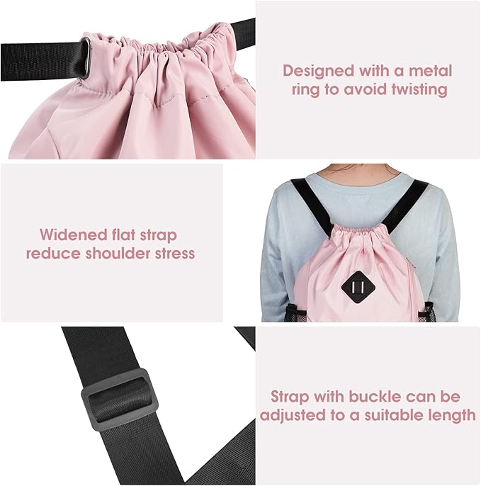 WANDF Drawstring Backpack Sports Gym Bag with Shoes Compartment, Water-Resistant String Backpack Cinch for Women Men (Small,Pink)