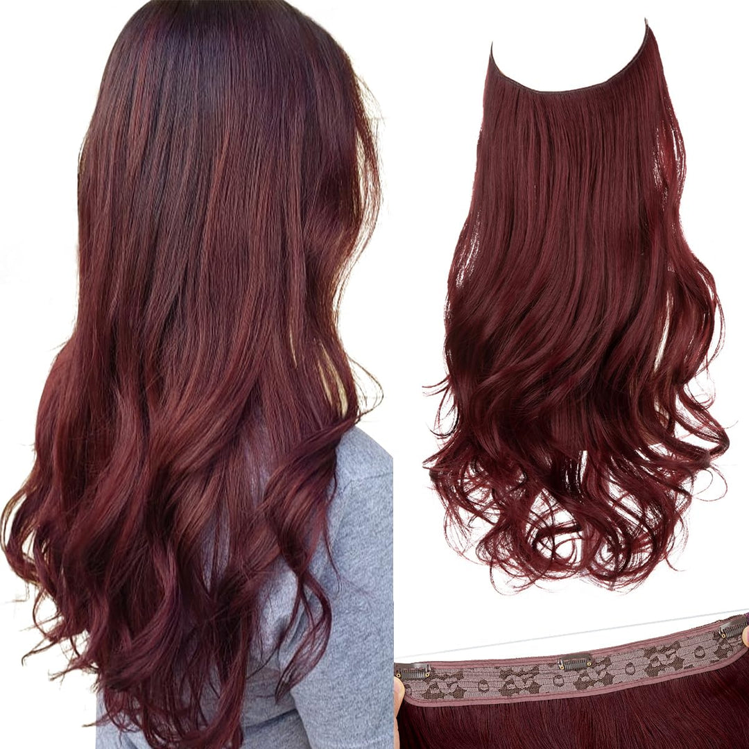 SARLA Burgundy Invisible Wire Hair Extensions with 3 Clips Short Synthetic Wavy Curly Hairpiece Adjustable Transparent Headband for Women 14 Inch Wine Red
