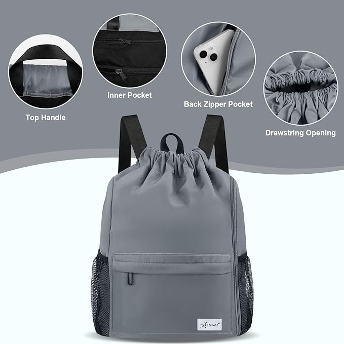 Drawstring Backpack with Mesh Pockets String Gym Bag Sackpack Sandproof Water Resistant Beach Backpack for Men Women