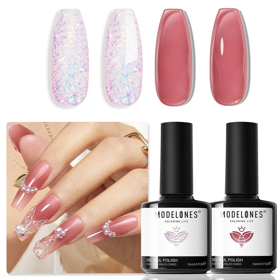 modelones Gel Nail Polish Set 2 Pcs 15 ML French Tip Red White Jelly Gel Polish Glitter Shimmer Pearl Pink Soak Off UV French Tip Gel Polish For Nail Art DIY Manicure At Home For Women Girl