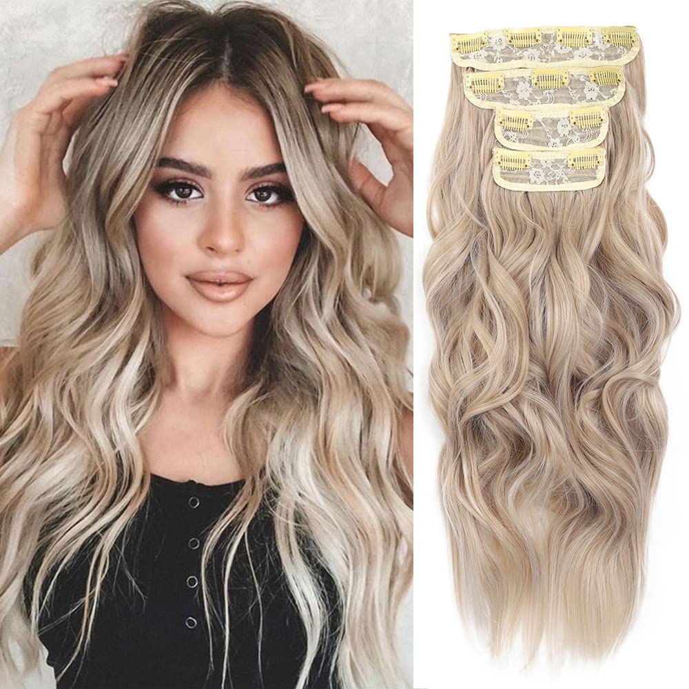 20Inch Long Wavy Hair Extensions Clip Ins Synthetic Thick Hair Piece For Women(Ash Blonde Mix Bleach Blonde)4Pcs