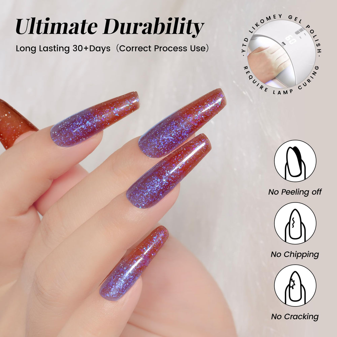 YTD Likomey Brocade Glitter Color Changing Gel Nail Polish,15ml Light Purple To Jujube Red Shimmer Mood Temperature Change Colors Iridescent Flakes,Spring Summer Thermal UV Nail Gel,WB340