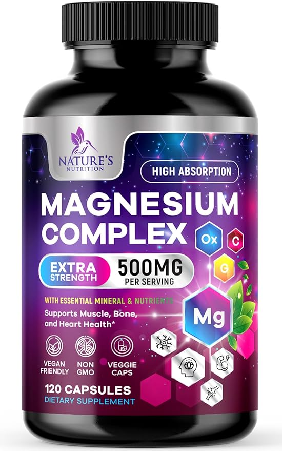 Magnesium Complex Supplement 500 mg - 5 in 1 High Absorption Chelated Magnesium Glycinate, Malate, Citrate, Oxide, Aquamin - Non-GMO Magnesio Capsules, Bone Muscle & Heart Health Support, 120 Capsules