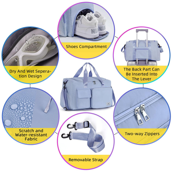FIORETTO Women's Water-Resistant Gym Duffle Bag with Shoes Compartment, 37L Capacity, Multi-Functional, Ideal for Travel, Gym, Sports, Weekender, with Toiletry Bag, Blue