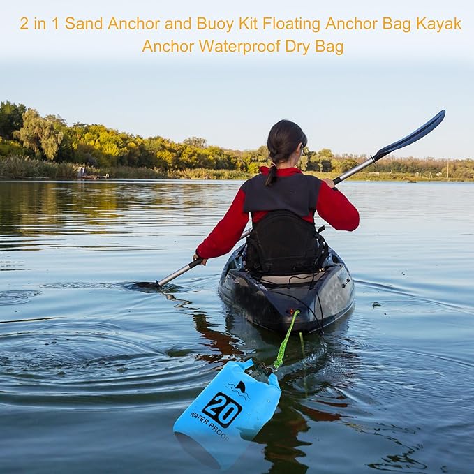 4 Set 2 in 1 Sand Anchor and Buoy Kit Floating Bag Kayak Anchor Waterproof Dry Bag for Lake Beach Boats Watercrafts Hiking Camping Water Sports Surfing Tubing Kayaking(Blue)