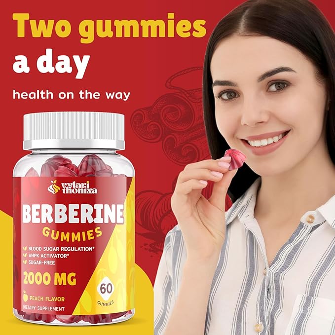 2000mg Berberine Supplement Gummies - High Potency Berberine with Ceylon Cinnamon Candy, Turmeric, Magnesium, Chromium - Sugar Free, Vegan, Non-GMO, Gluten-Free - Peach Flavor 60 Gummies - 1 Pack