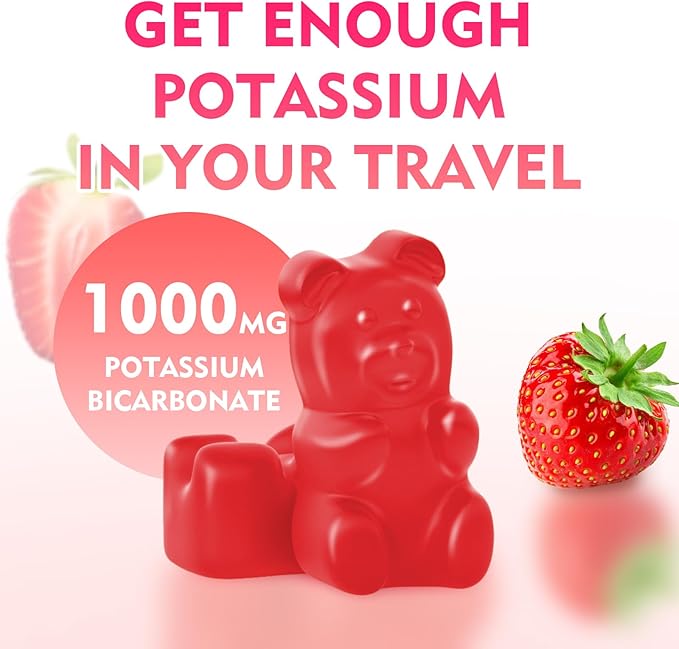Potassium Gummies 1000mg, Potassium Bicarbonate Supplement for Adults & Kids, Potassium Supplement for Electrolyte Balance & Muscle Heath, Sugar-Free, Strawberry Flavor, 60 Count
