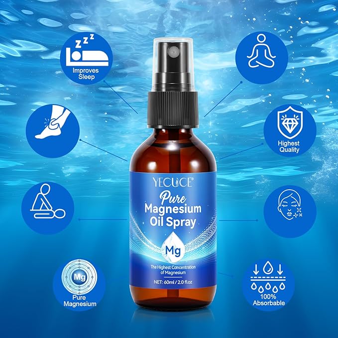 Magnesium Oil, Magnesium Spray, 100% Pure & Natural Magnesium Oil Spray for Feet, Easy to Absorb and Use 2.0 fl.oz