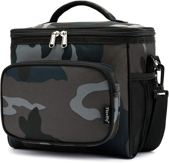 FlowFly Insulated Reusable Lunch Bag Adult Large Lunch Box for Women and Men with Adjustable Shoulder Strap,Front Zipper Pocket and Dual Large Mesh Side Pockets,BlackCamo
