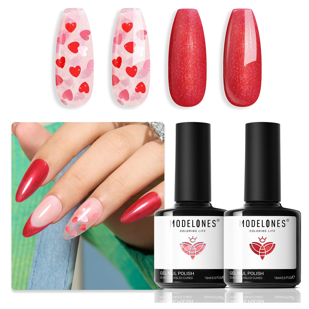 modelones Gel Nail Polish Set 2 Pcs 15 ML Pink Red Gel Polish Hot Pink Red Love-heart Glitter Gel Polish White Shimmer Pink Tones Spring Soak Off LED Nail Art DIY Gift For Women Girl