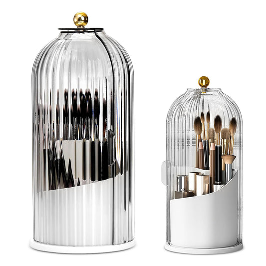 3 Slots Toothbrush Holder with Sliding Lid, 360° Rotating Covered Makeup Brush Holder, Bathroom Waterproof Dustproof Organizer for Vanity Bathroom (white)