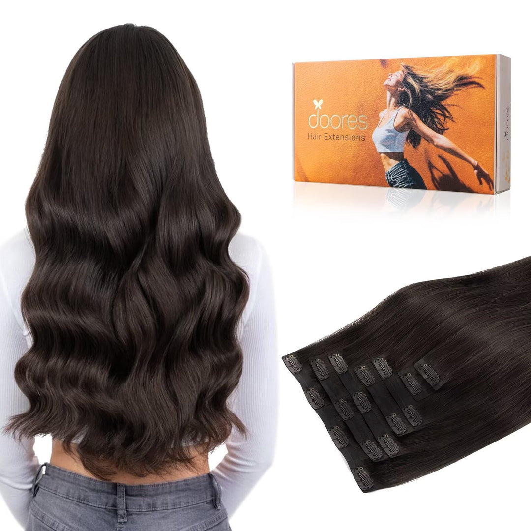 Doores Hair Extensions Real Human Hair, Dark Brown 7Pcs 110G 16 Inch, Seamless Clip In Hair Extensions Human Hair Clip In Hair E