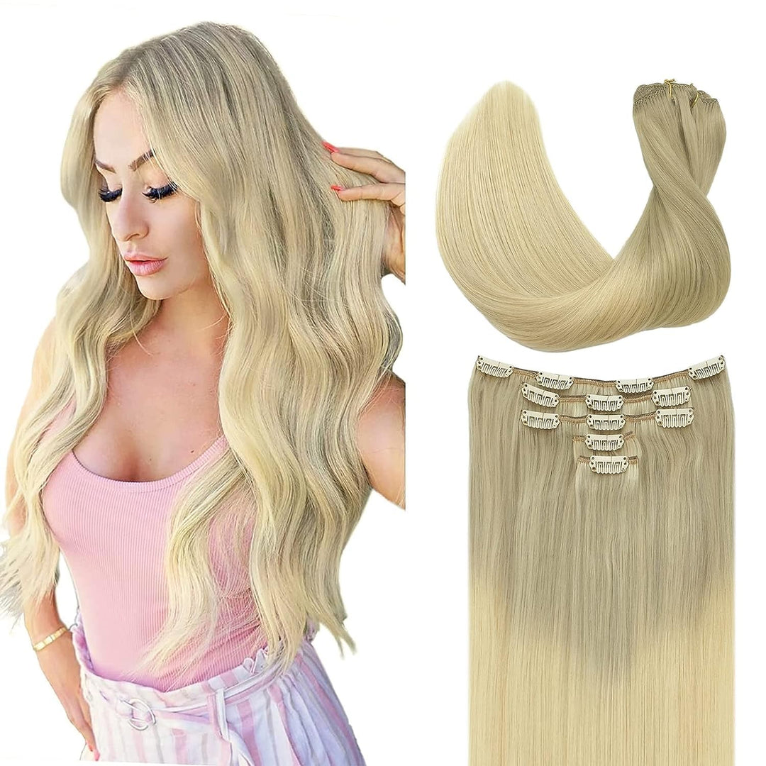Doores Clip In Hair Extensions, 85G 5Pcs Balayage Ash Blonde To Golden Blonde And Platinum Blonde 22 Inch Human Hair Extensions
