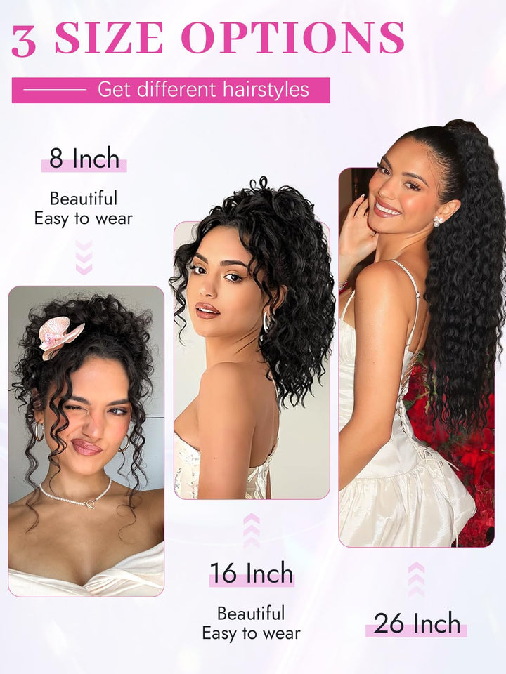 Isaic Ponytail Extension 8 Inch Short Wavy Curly Ponytails Drawstring Ponytail for Black Women Natural Black Pony Tails Hair Extensions Synthetic Hairpiece For Daily Use