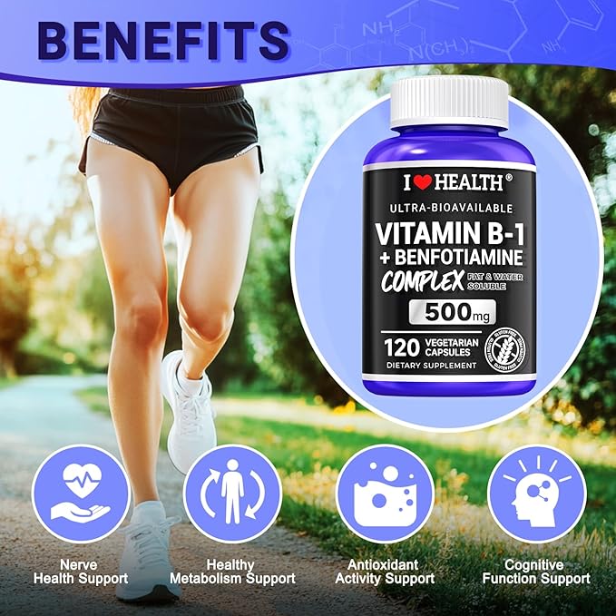 Vitamin B1 500mg with Benfotiamine 20mg, 120 Capsules – 2 in 1 B-1 Complex Enhanced Formula – Fat & Water Soluble Thiamine B1 Supplement – Third Party Lab Tested, Non-GMO, No Gluten