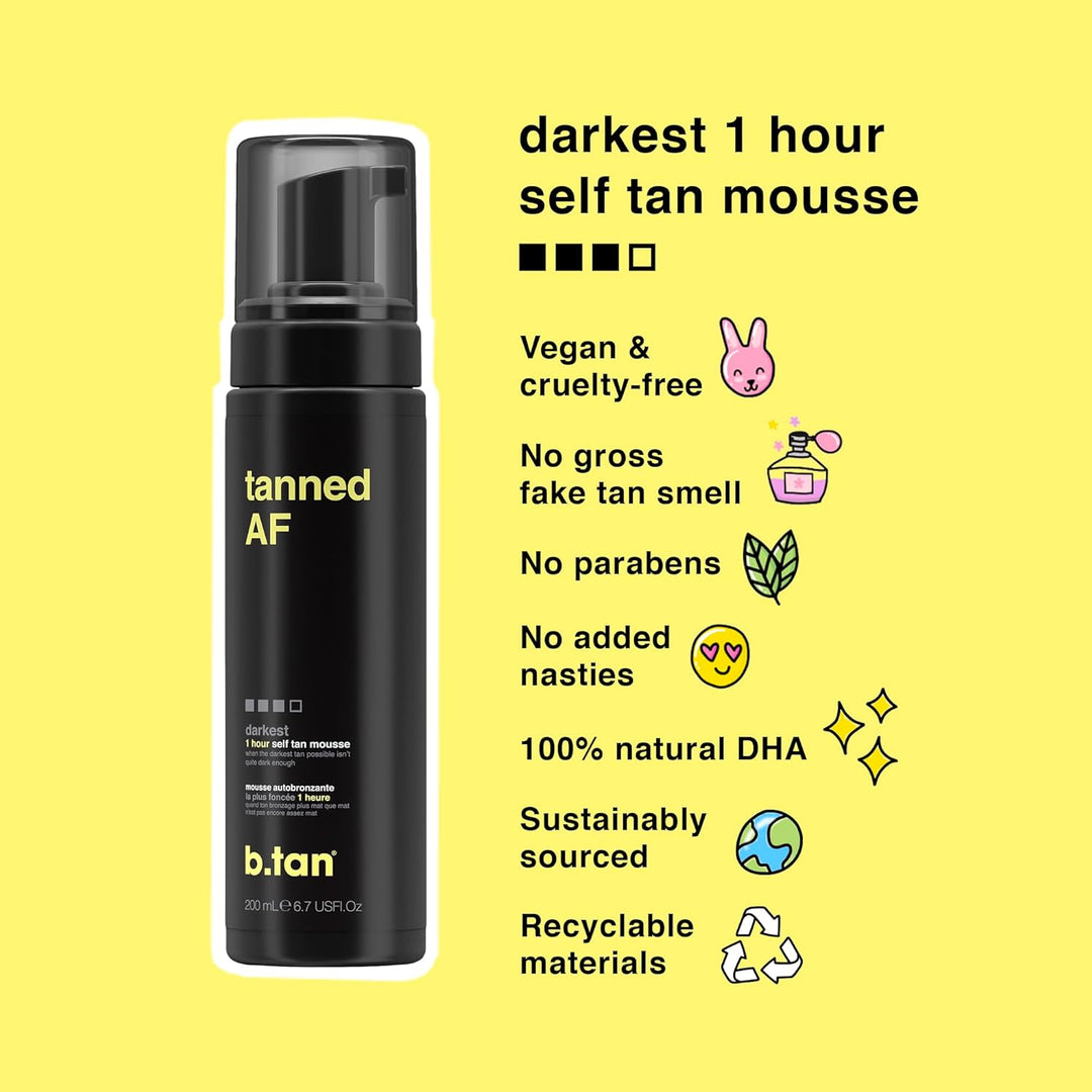 b.tan Dark Self Tanner Mousse – 1 Hour Express Sunless Tanning Foam | Vegan, Ultra Dark Glow, 6.7 Fl Oz