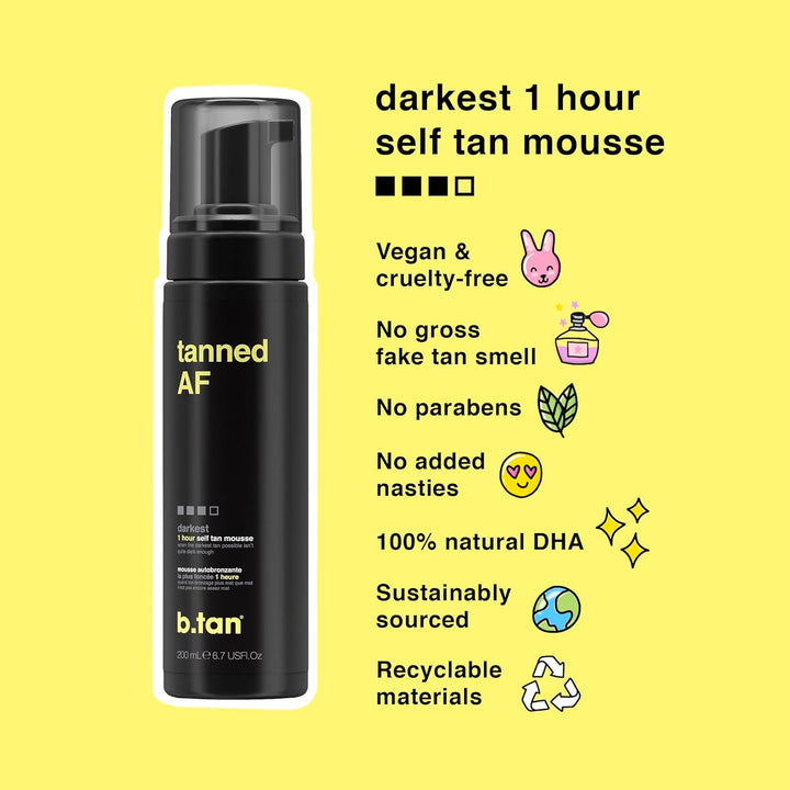 b.tan Dark Self Tanner Mousse – 1 Hour Express Sunless Tanning Foam | Vegan, Ultra Dark Glow, 6.7 Fl Oz