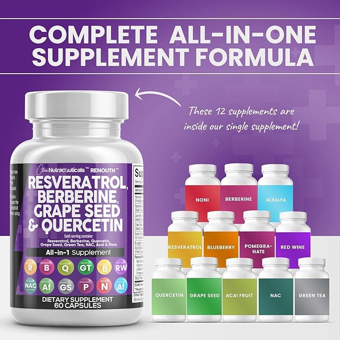 Clean Resveratrol Supplement | Berberine Grape Seed Extract Quercetin Green Tea Extract Acai Noni Polyphenol Supplement for Women & Men Anti Aging N-Acetyl Cysteine NAD Booster