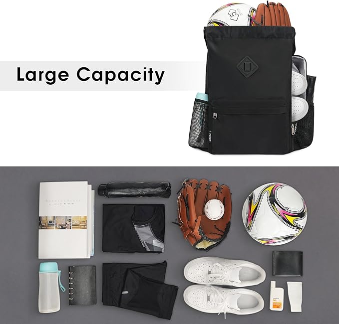 WANDF Drawstring Backpack Sports Gym Bag with Shoes Compartment, Water-Resistant String Backpack Cinch for Women Men (Large,Black)