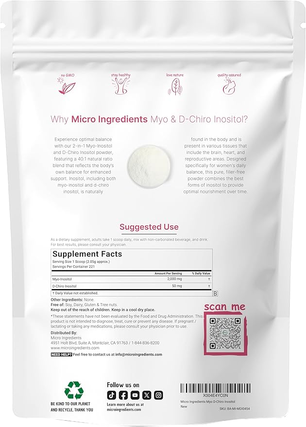 Micro Ingredients Myo-Inositol & D-Chiro Inositol Powder 1lb | Inositol Supplement for Women | 40:1 Ideal Ratio | Hormonal Balance & Ovarian Support | Non-GMO | Vegan | Filler-Free | 221 Servings
