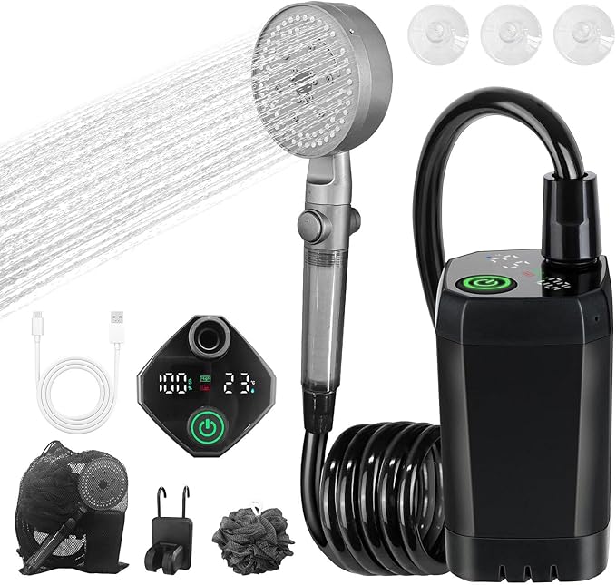 2025 Upgraded Camping Shower Kit, Portable Shower for Camping, Ultra High Pressure Outdoor Shower with LED Display, 6000mAh Lightweight 4 Mode Camping Pump for Hiking, Backpacking, RV Travel, Car, Pet