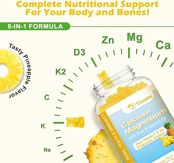 High Absorption Calcium Gummies, Sugar Free Calcium Magnesium Gummies with Vitamin D3 for Men and Women, Pineapple Flavor 120 Cts