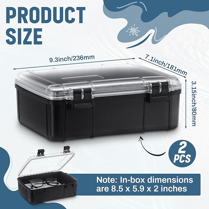2 Pcs Waterproof Dry Box for Boat Junction Box 9.3 x 7.1 x 1.9 Inches,large,watertight Storage Protective Case for Mobile Phones Wallets Camping Hiking Boating, Black