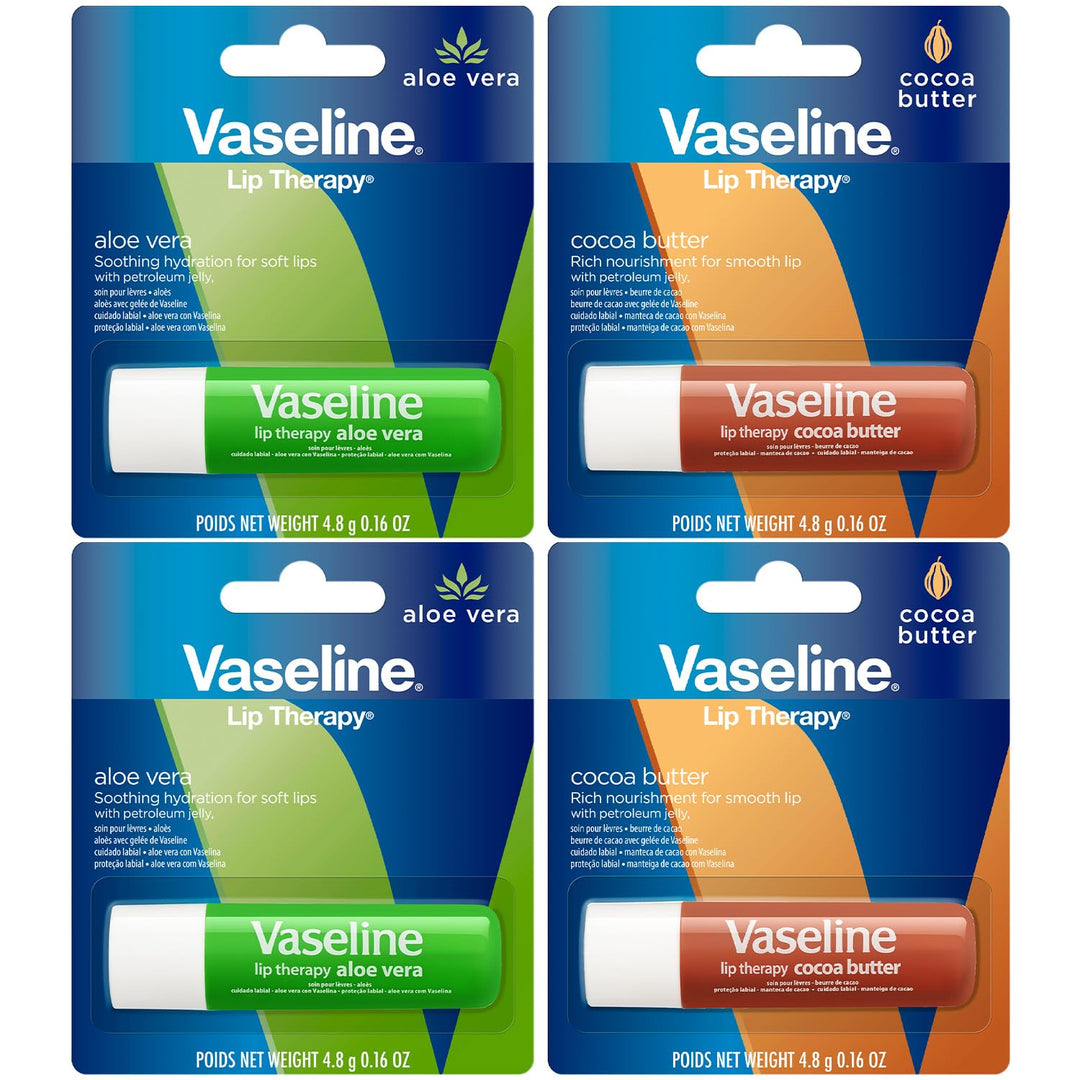 Vaseline Lip Therapy Variety 4-Pack - Cocoa Butter + Aloe Vera Moisturizing Lip Balm With Vitamin E, 0.16 Oz Ea