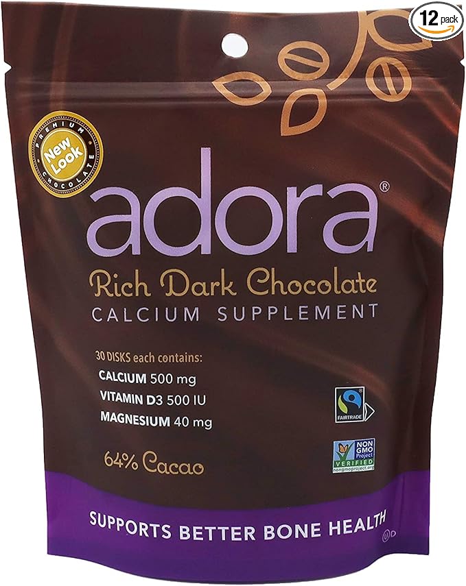 Adora Calcium Supplement, Fairtrade Dark Chocolate, Pack of 12 - 30 ct