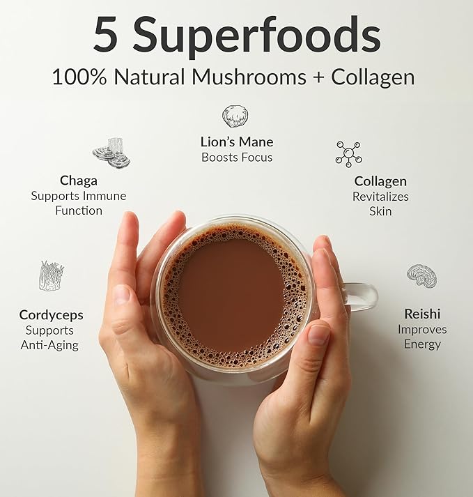 BiOptimizers Mushroom Coffee Alternative – Chocolate Drink – Lion’s Mane, Chaga, Reishi + Collagen Peptides for Focus, Energy & Gut Health – Adaptogenic Mushrooms & MCT Powder – 30 Servings