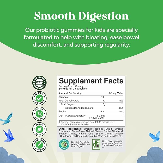 USDA Organic Kids Probiotic Gummies - Gut Bacteria Probiotics for Digestive Health & Stomach Relief - Gentle 2.5B CFU Kids Immune Support & Gut Heath Supplement - Vegan & Non-GMO Chews - 60 Count