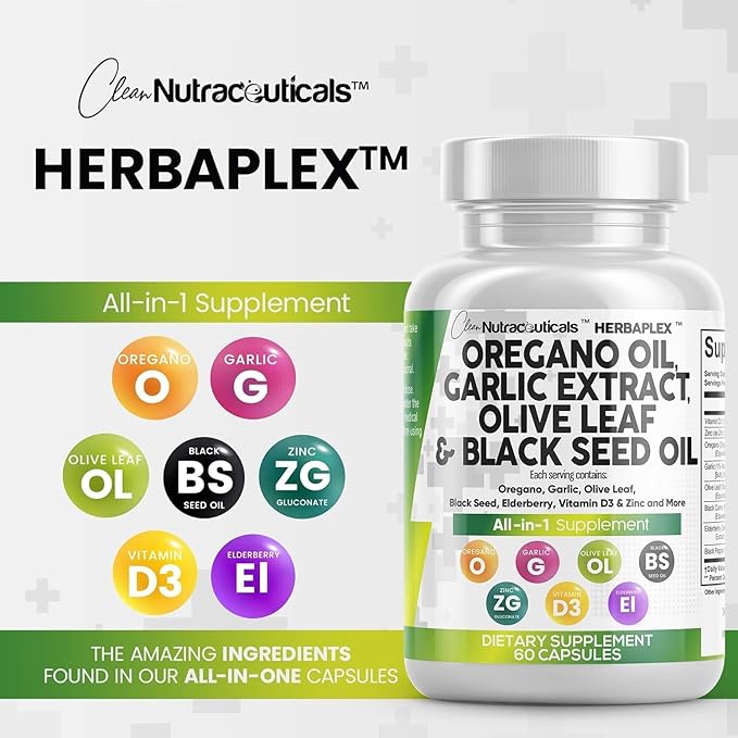 Clean Nutraceuticals Oregano Oil Garlic Extract Olive Leaf Black Seed Oil - Immune Support & Digestive Health Supplement for Women and Men with Vitamin D3 & Zinc - 2Pack