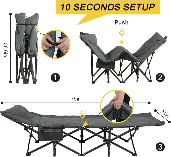 ATORPOK Camping Cot for Adults with Cushion and Pillow, Portable Folding Bed for Sleeping, Lightweight Tent cot with Carry Bag Supports 450 lbs (Grey)