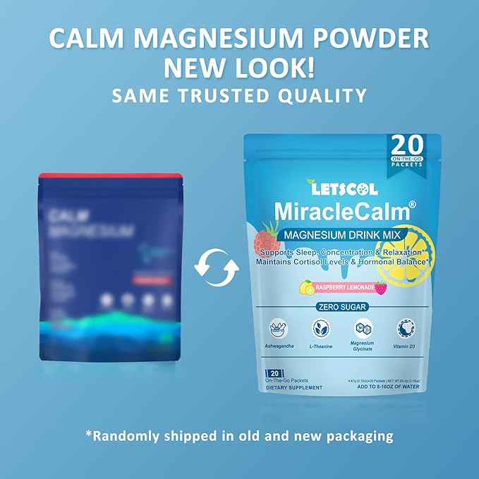 MiracleCalm Drink Mix Powder, Calm Magnesium Calcium Supplement, Cortisol Drink Powdered for Sleep, Relaxed & Focus with Easily Absorbed L-Theanine, Vitamin D3, Ashwagandha, Sugar Free