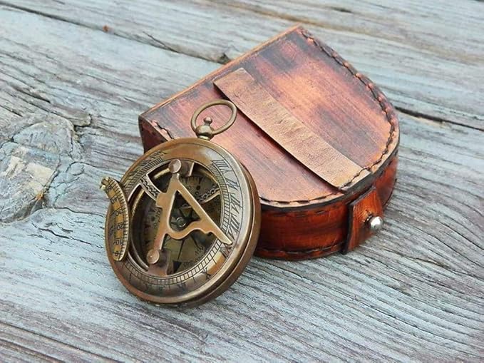 RII Antique Nautical Directional Magnetic Sundial Brass Compass, Antique Decor Birthday Gifts for Men, Astrolabe Gift for Him, Baptism Gifts with Engraved Quotes, Sun dial in Leather Case